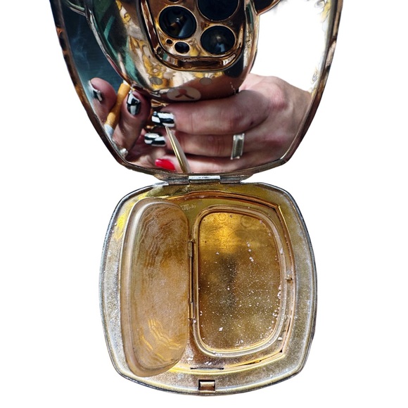 Vintage La Mode Black & Floral Guilloche Compact Mirror - Circa 1930s-40s - Picture 14 of 16